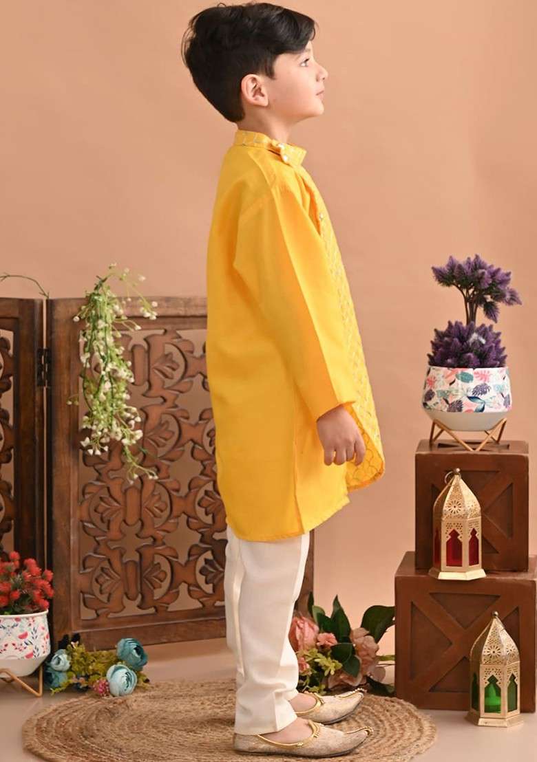 Yellow Embroidered Cotton Kurta Set For Boys - Indya