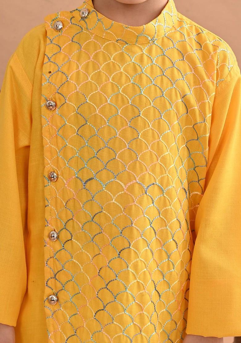 Yellow Embroidered Cotton Kurta Set For Boys - Indya