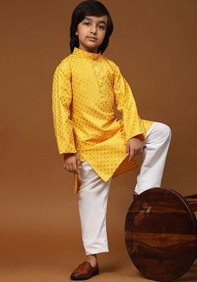 Yellow Printed Blended Kurta Set For Boys
