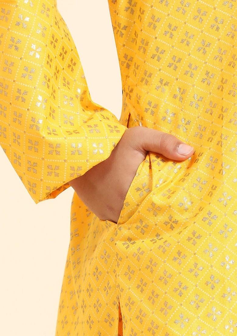 Yellow Printed Blended Kurta Set For Boys - Indya