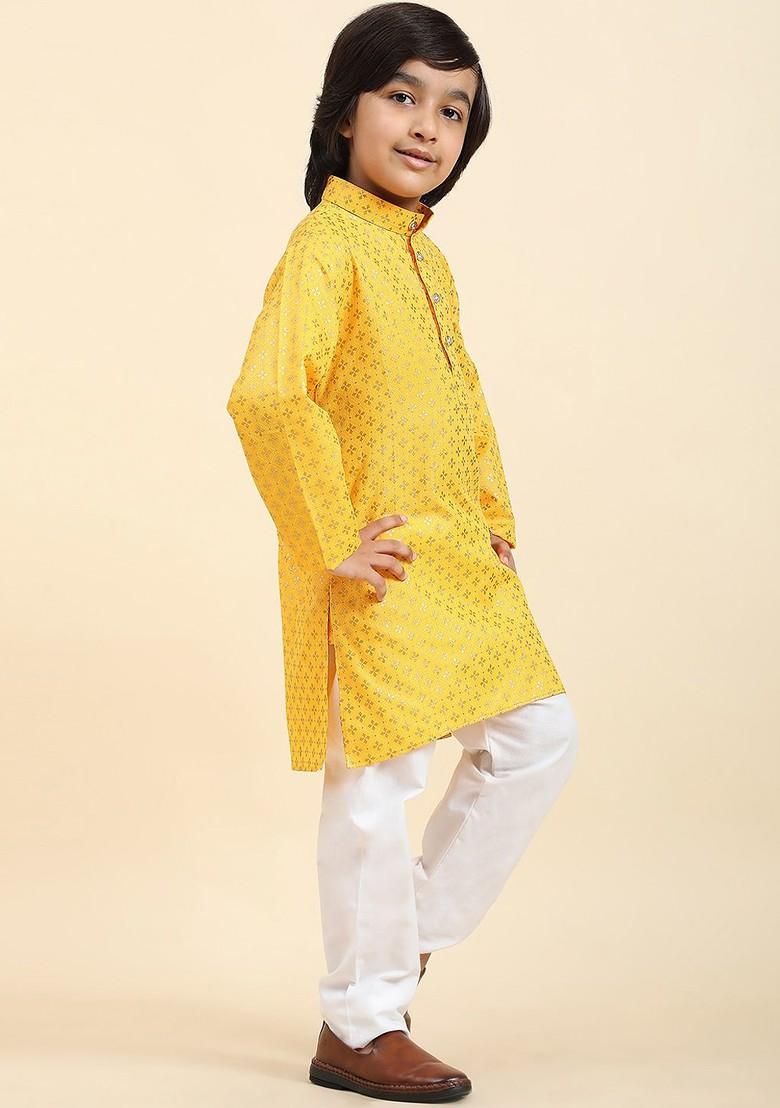 Yellow Printed Blended Kurta Set For Boys - Indya
