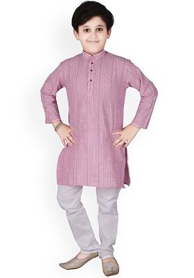 Pink Striped Blended Kurta Set For Boys