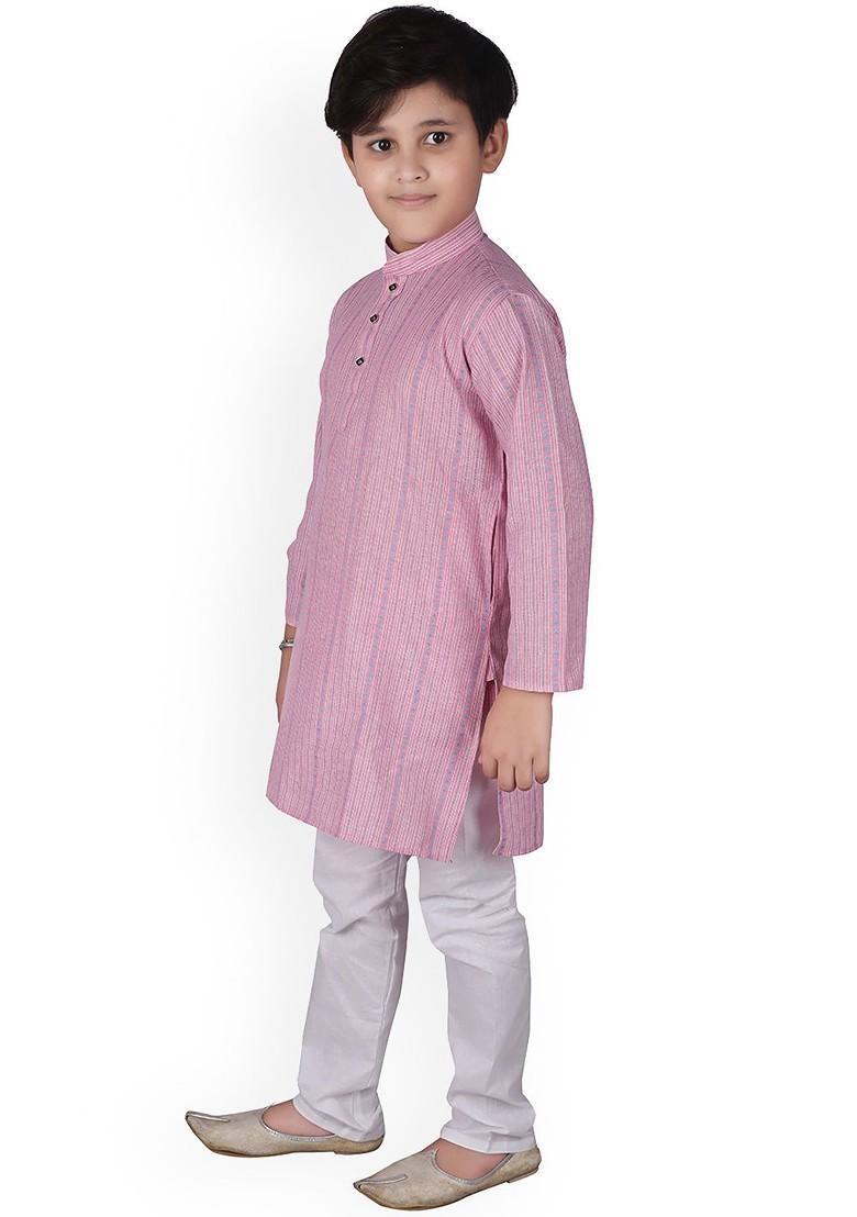 Pink Striped Blended Kurta Set For Boys - Indya