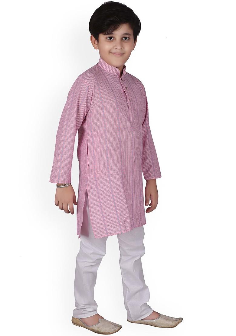 Pink Striped Blended Kurta Set For Boys - Indya