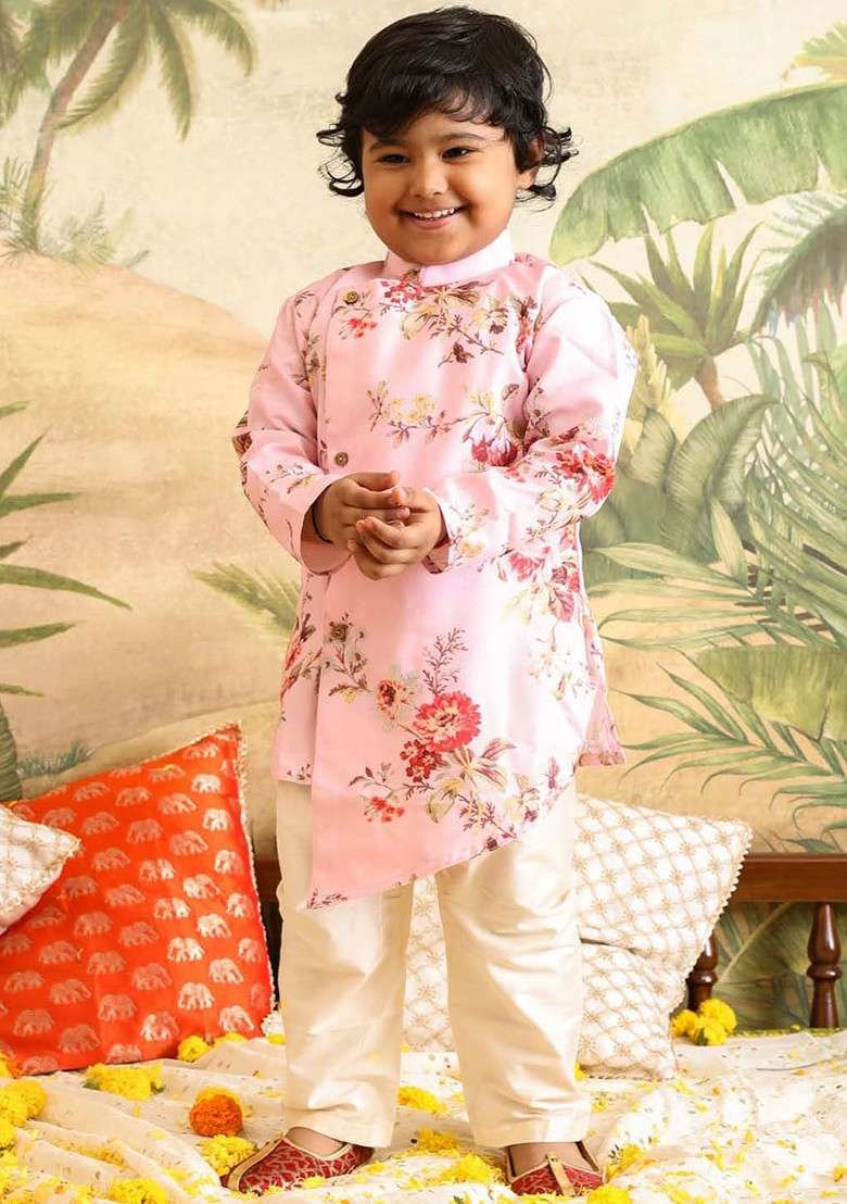 Pink Printed Blended Kurta Set For Boys - Indya