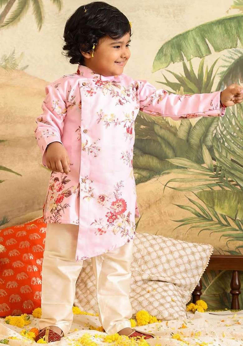 Pink Printed Blended Kurta Set For Boys - Indya