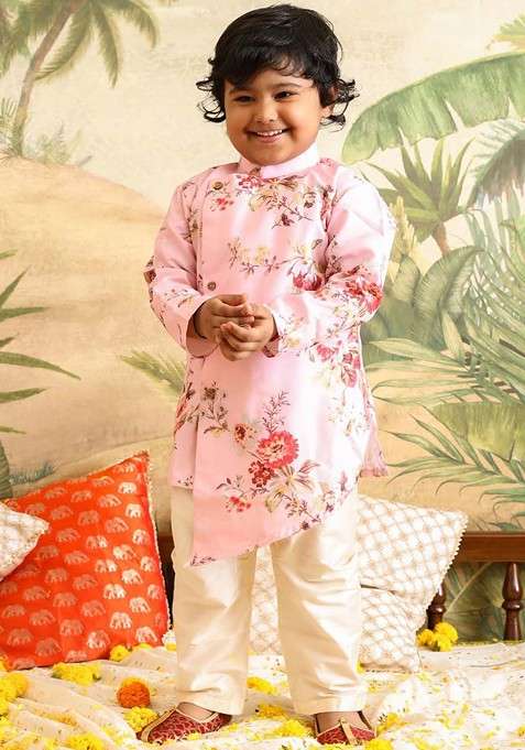 Pink Printed Blended Kurta Set For Boys