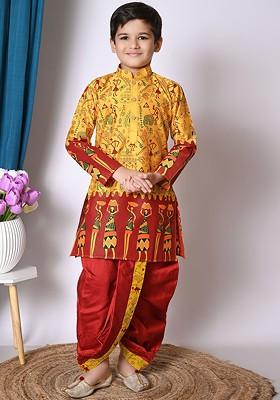 Yellow Printed Silk Kurta Dhoti Set For Boys