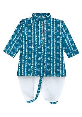 Blue Printed Blended Kurta Dhoti Set For Boys