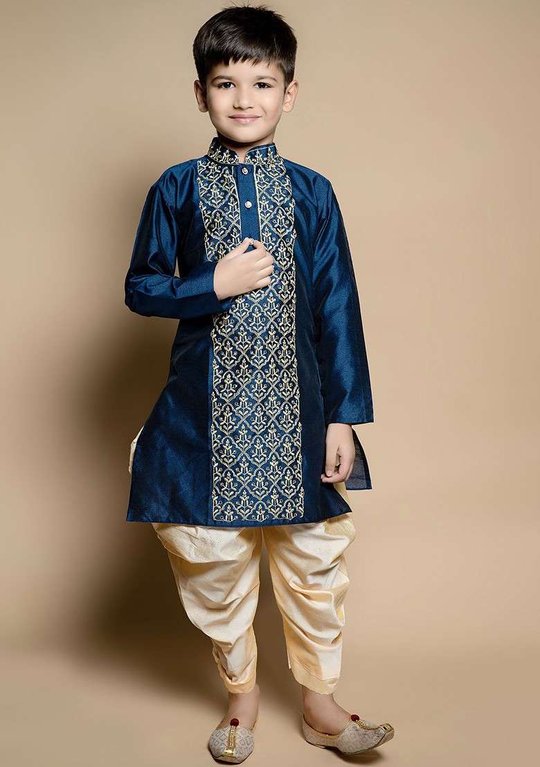 Navy Blue Embroidered Silk Kurta Set For Boys - Indya
