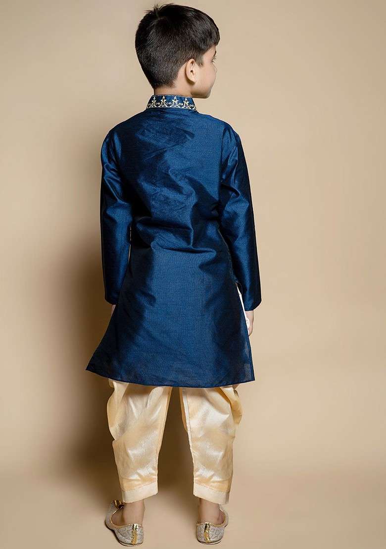 Navy Blue Embroidered Silk Kurta Set For Boys - Indya