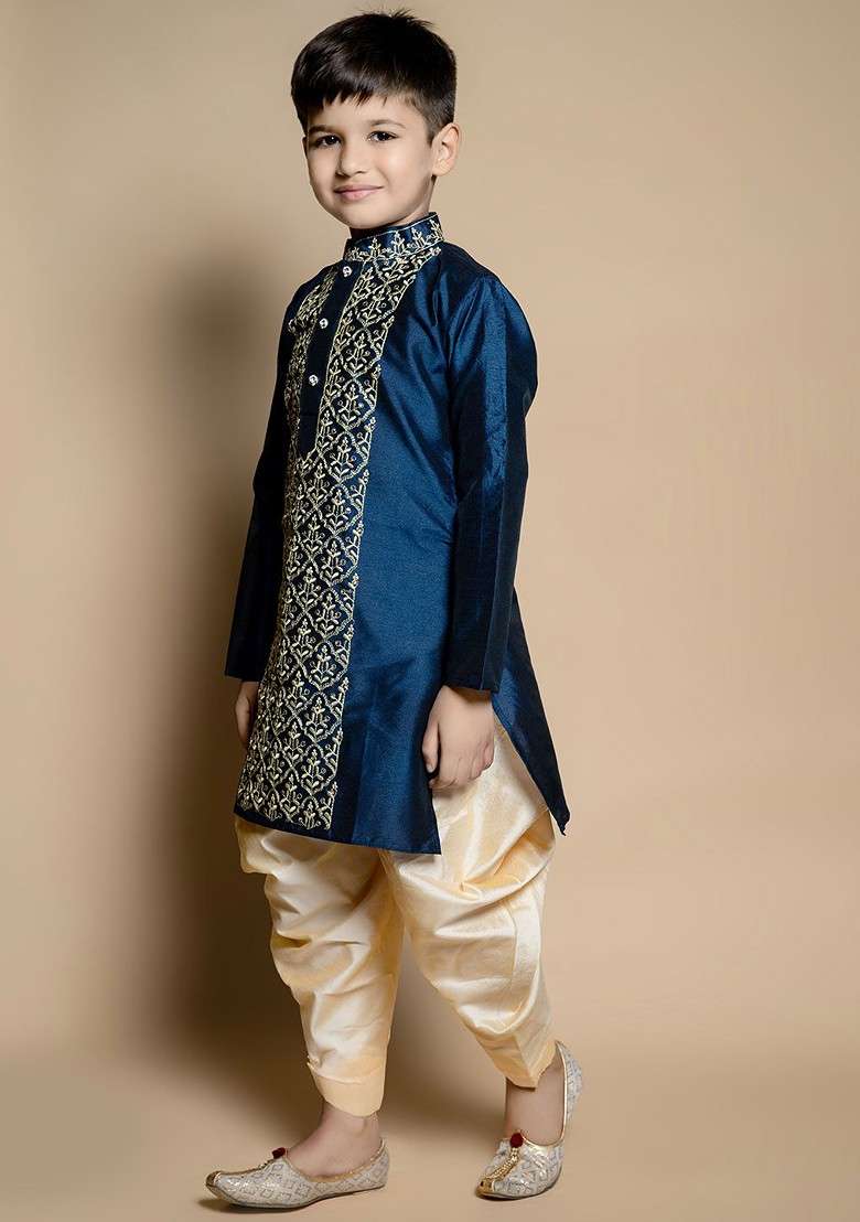 Navy Blue Embroidered Silk Kurta Set For Boys - Indya