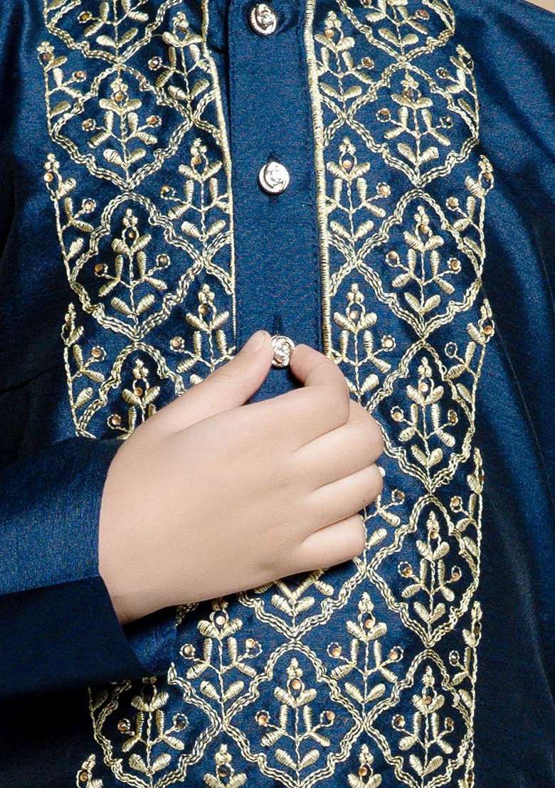 Navy Blue Embroidered Silk Kurta Set For Boys - Indya