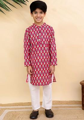 Pink Printed Cotton Kurta Set For Boys