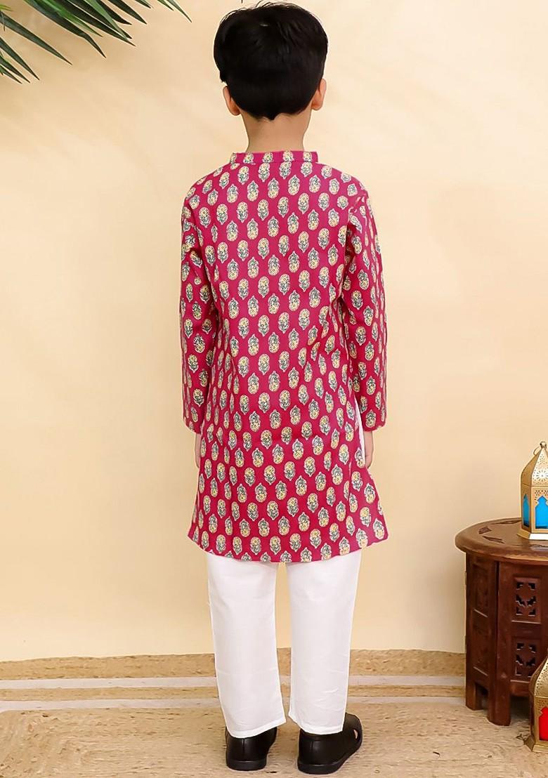 Pink Printed Cotton Kurta Set For Boys - Indya