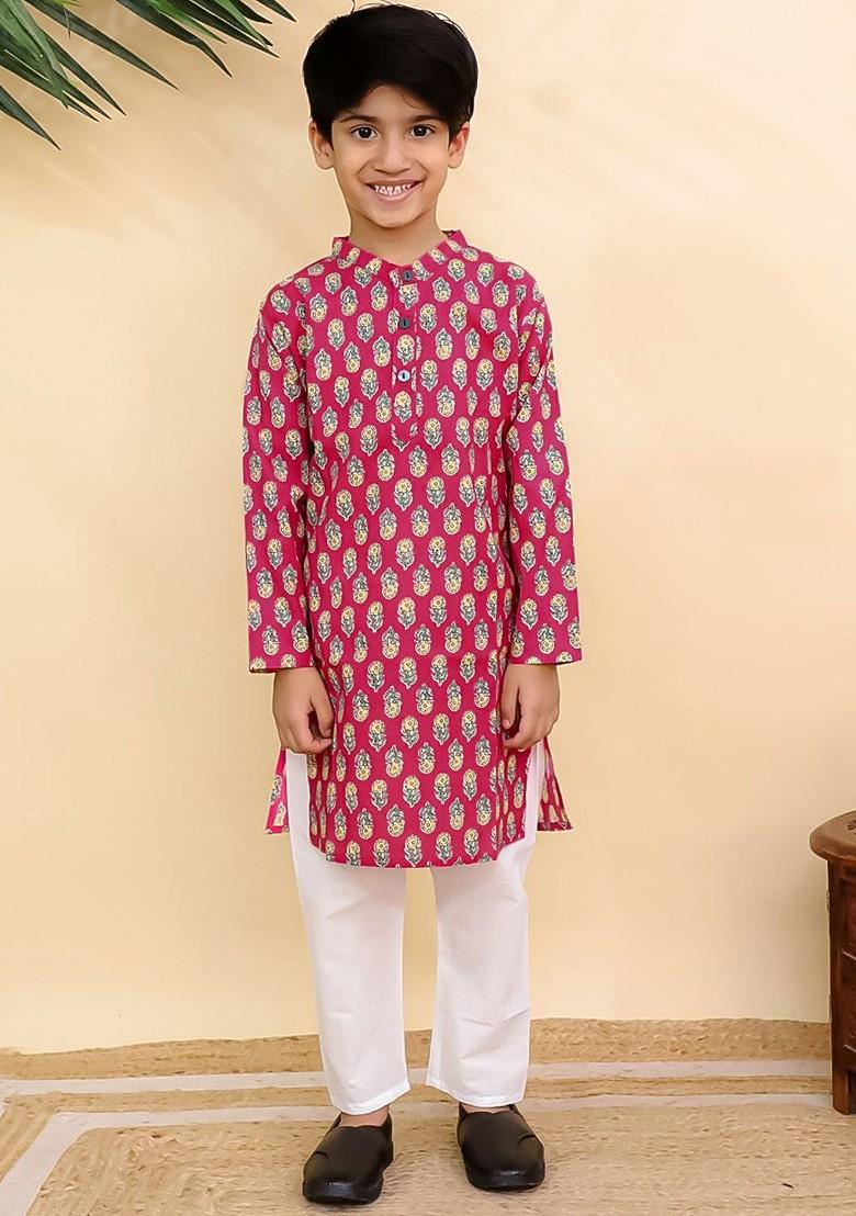 Pink Printed Cotton Kurta Set For Boys - Indya