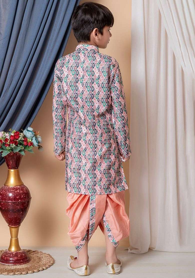 Peach Printed Silk Kurta Dhoti Set For Boys - Indya