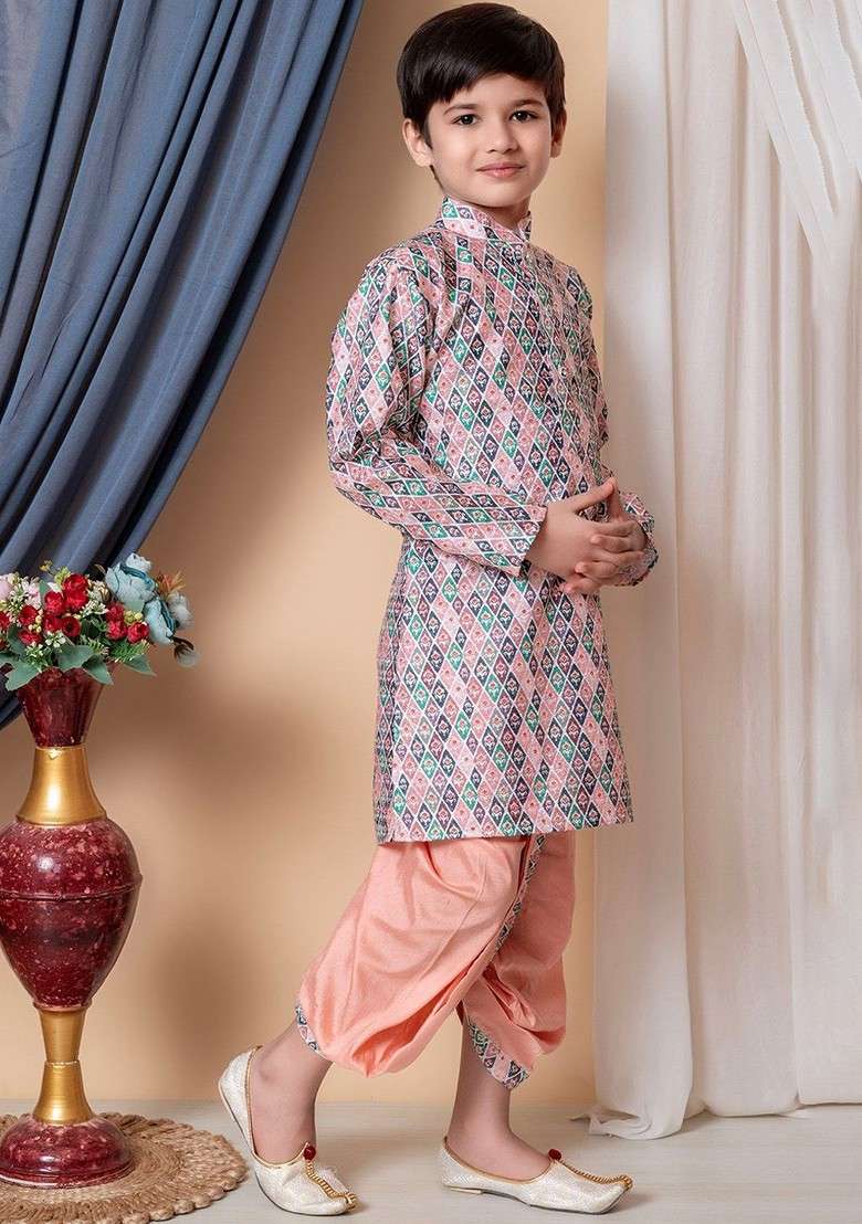 Peach Printed Silk Kurta Dhoti Set For Boys - Indya