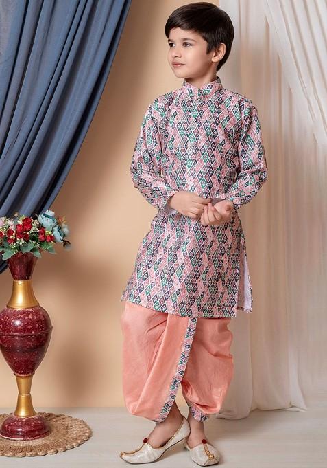 Peach Printed Silk Kurta Dhoti Set For Boys — view on Indya