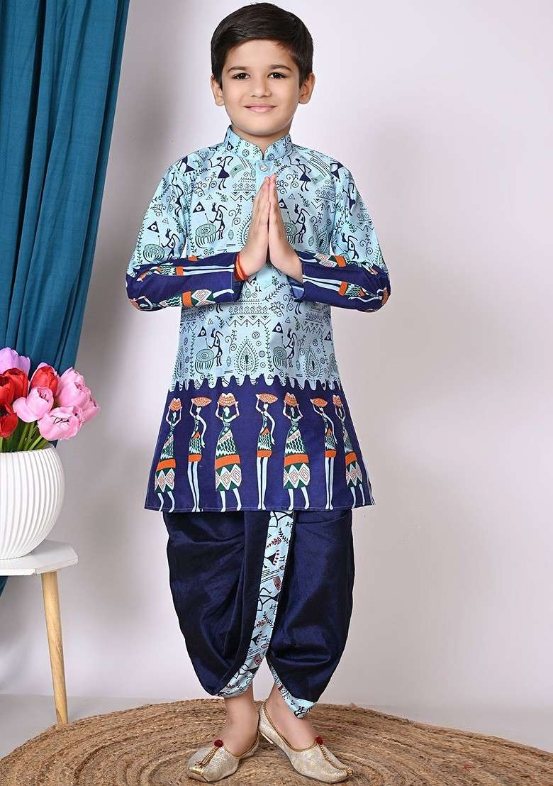 Blue Printed Silk Kurta Dhoti Set For Boys - Indya