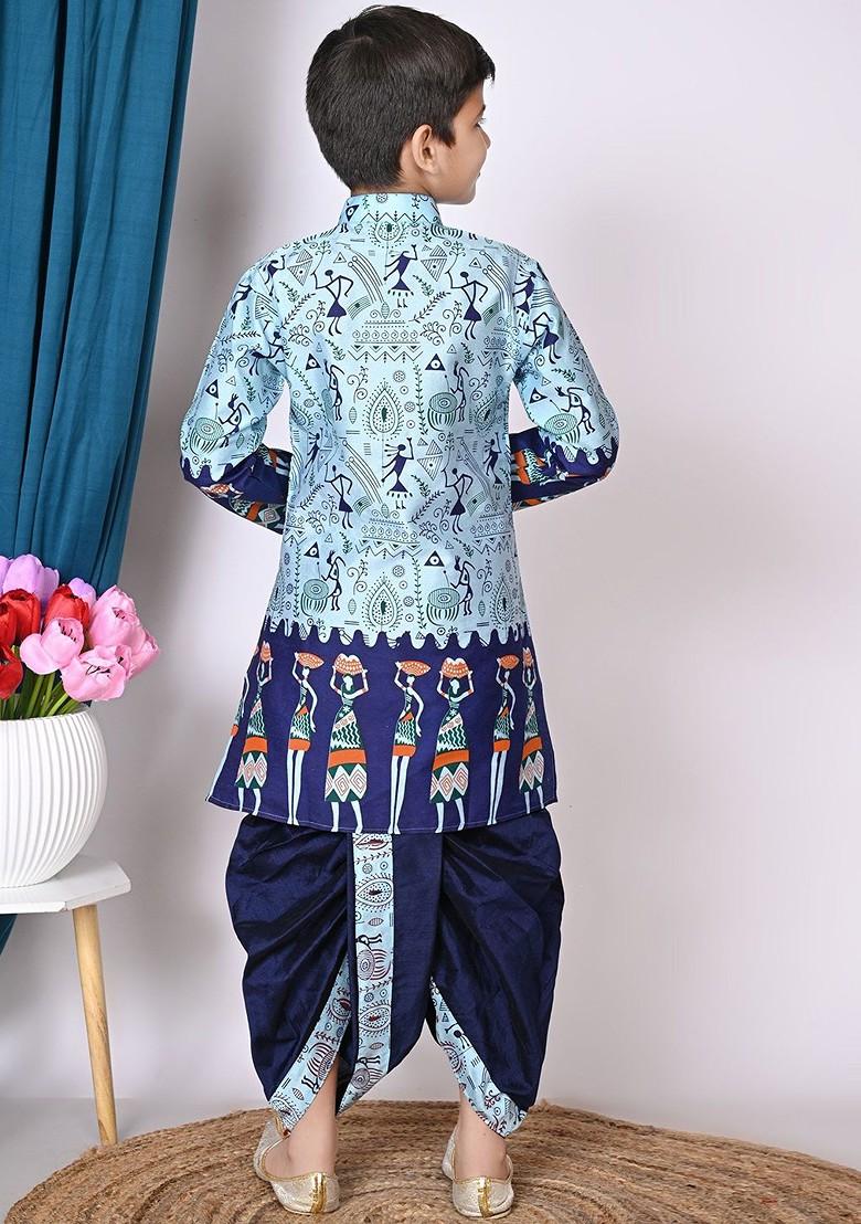 Blue Printed Silk Kurta Dhoti Set For Boys - Indya