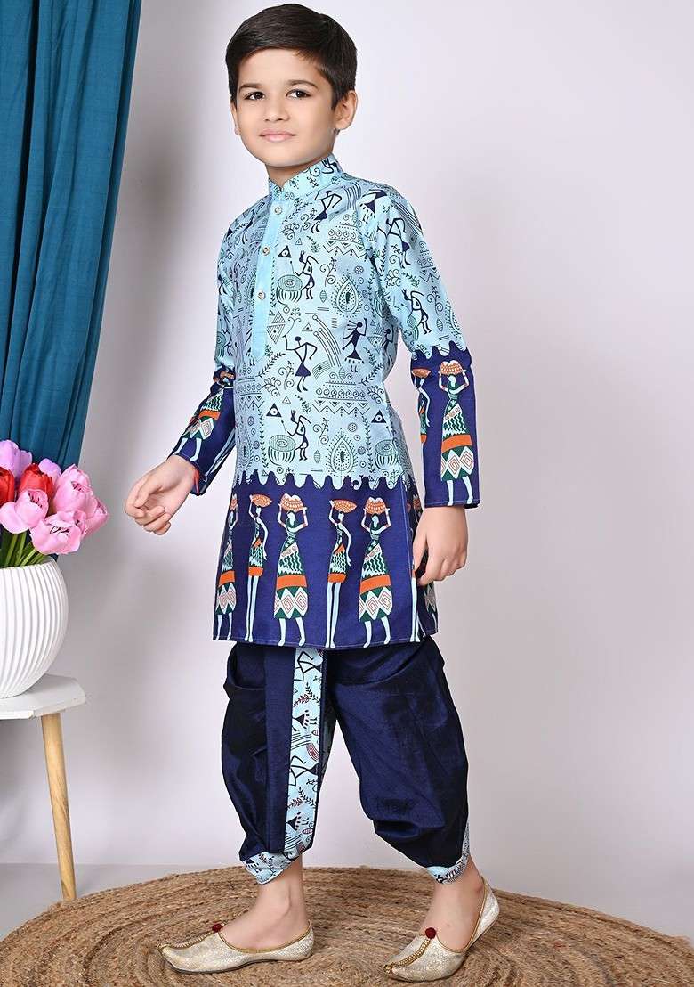 Blue Printed Silk Kurta Dhoti Set For Boys - Indya