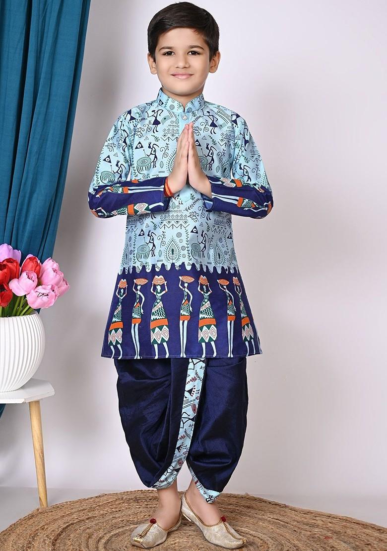 Blue Printed Silk Kurta Dhoti Set For Boys - Indya