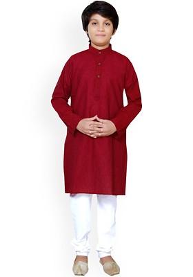 Maroon Embroidered Cotton Kurta Set For Boys