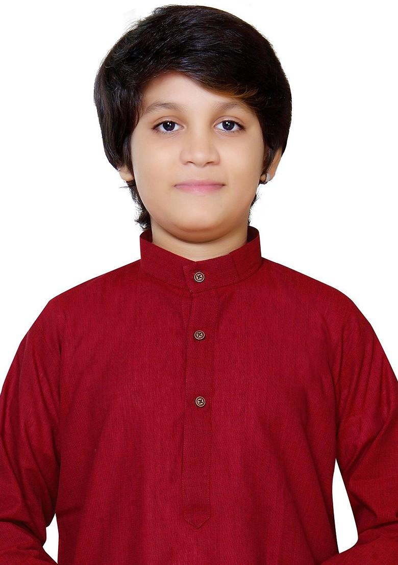 Maroon Embroidered Cotton Kurta Set For Boys - Indya
