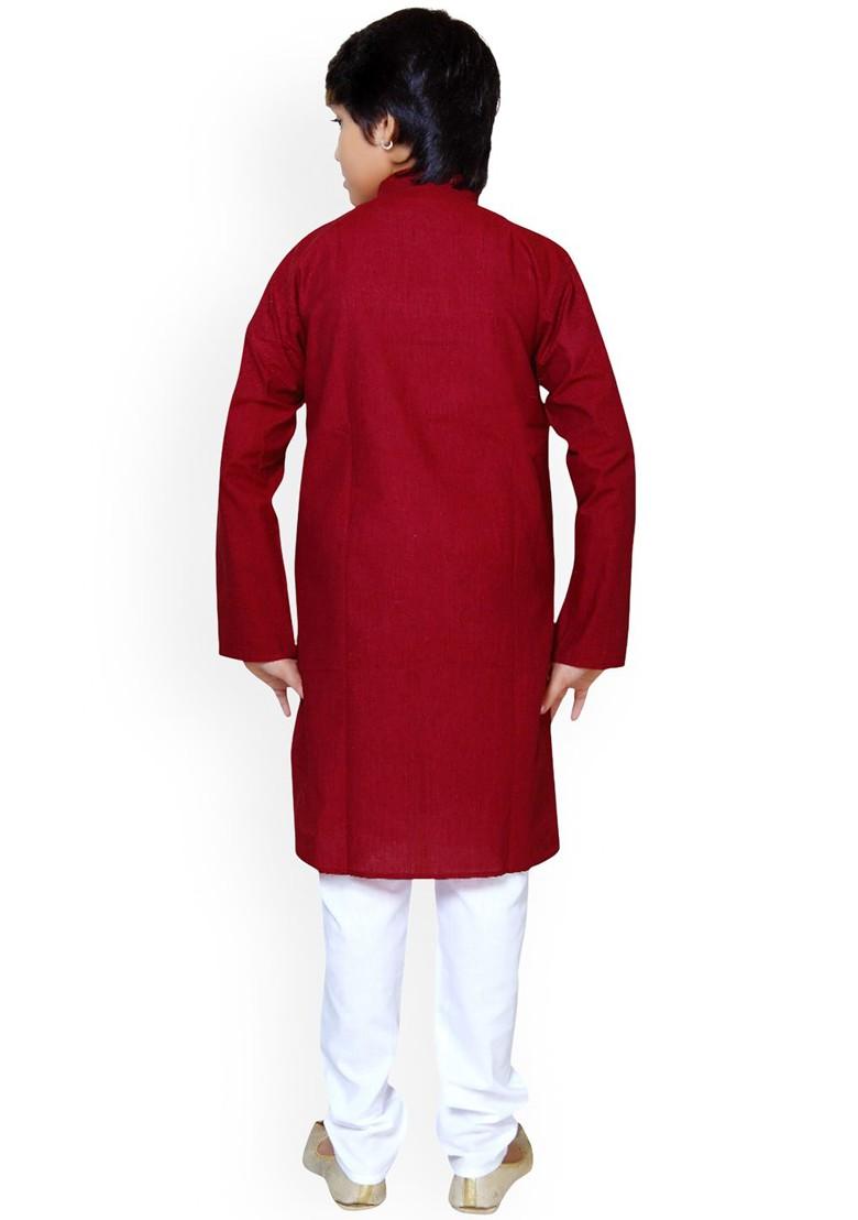 Maroon Embroidered Cotton Kurta Set For Boys - Indya