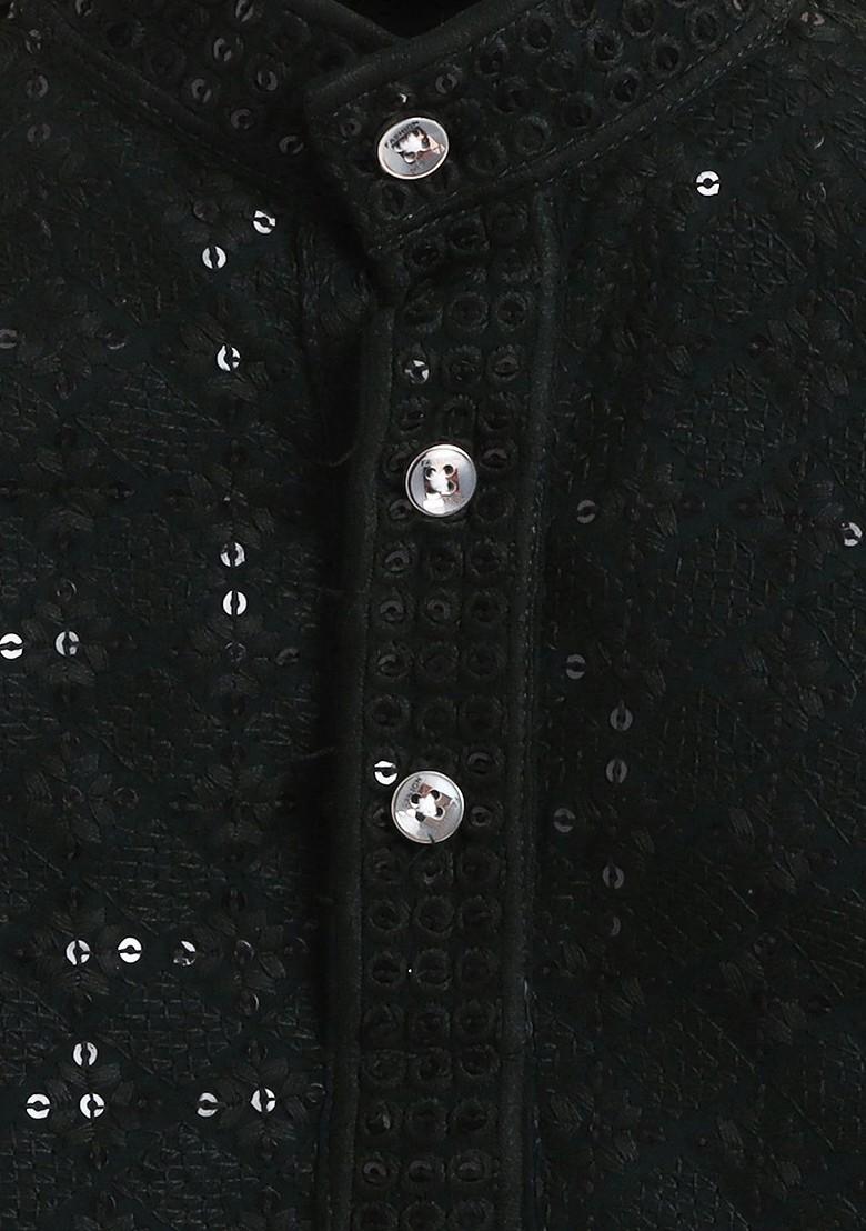 Green Embroidered Blended Kurta Set For Boys - Indya