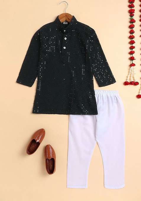 Green Embroidered Blended Kurta Set For Boys