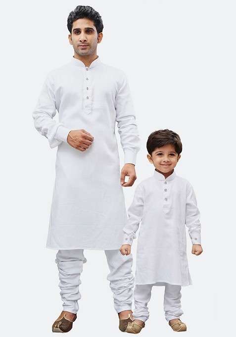 White Solid Cotton Kurta Set For Boys