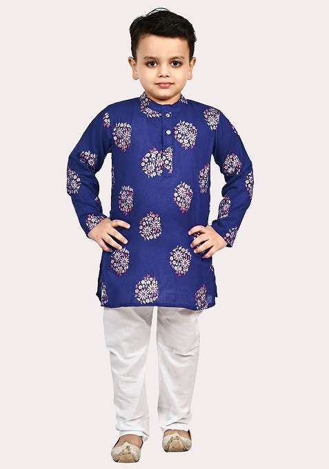 Purple Printed Cotton Kurta Set For Boys