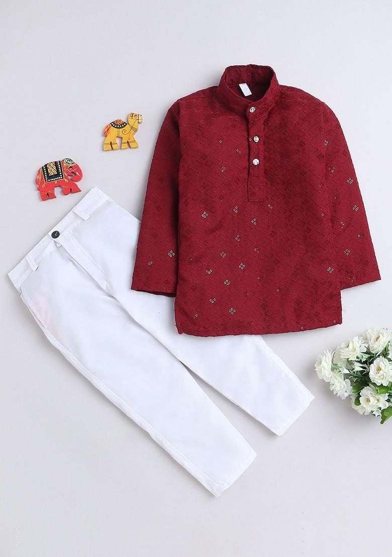 Maroon Sequinned Cotton Kurta Set For Boys - Indya