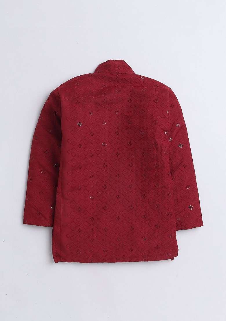 Maroon Sequinned Cotton Kurta Set For Boys - Indya