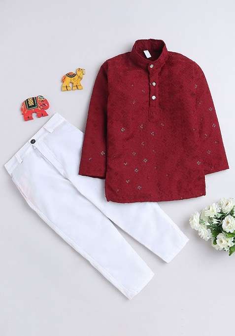Maroon Sequinned Cotton Kurta Set For Boys