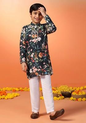 Navy Blue Printed Blended Kurta Set For Boys