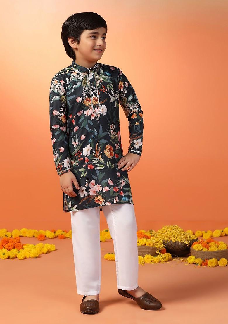 Navy Blue Printed Blended Kurta Set For Boys - Indya