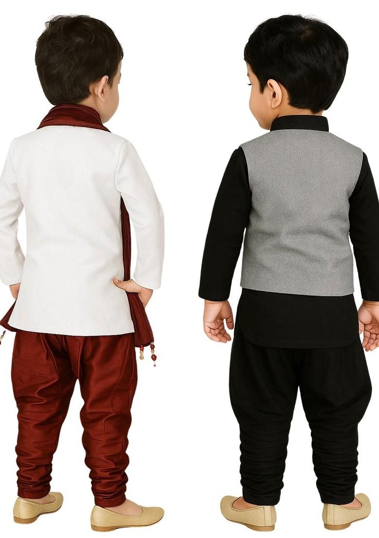 Multi Solid Cotton Kurta Set For Boys - Indya