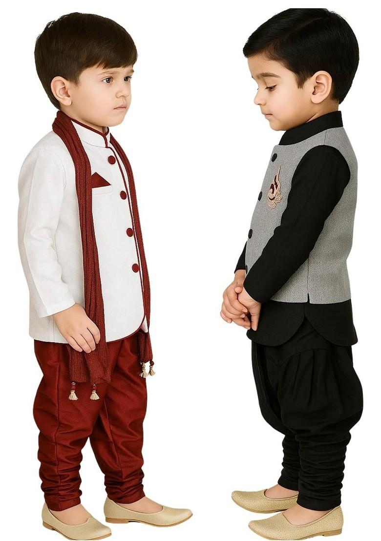 Multi Solid Cotton Kurta Set For Boys - Indya