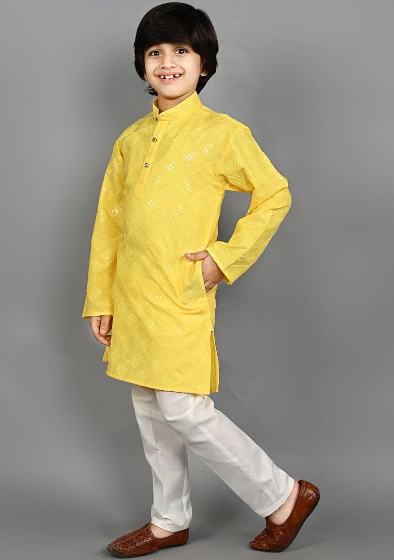 Yellow Embroidered Blended Kurta Set For Boys - Indya