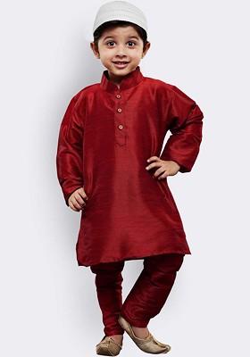 Maroon Embroidered Blended Kurta Set For Boys