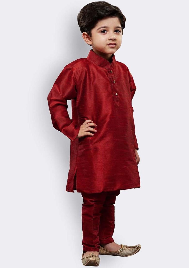 Maroon Embroidered Blended Kurta Set For Boys - Indya