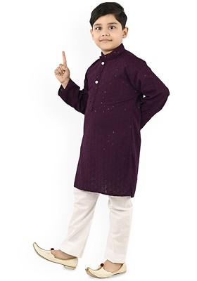 Purple Embroidered Blended Kurta Set For Boys