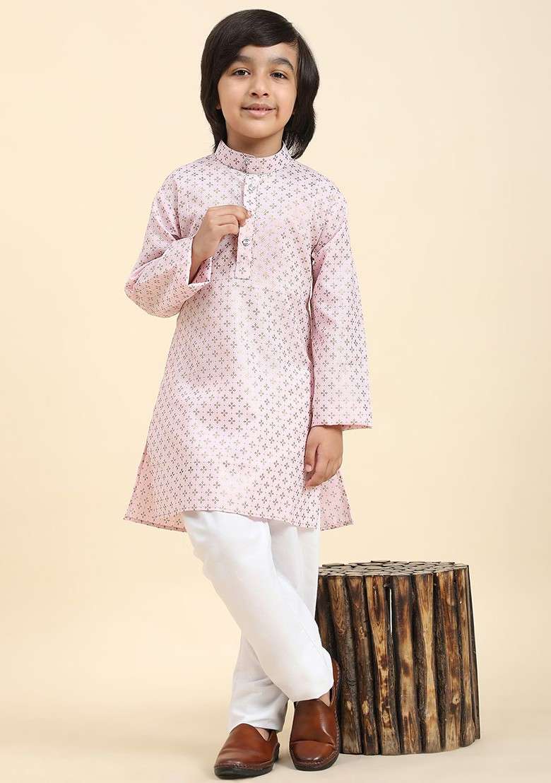 Pink Printed Blended Kurta Set For Boys - Indya