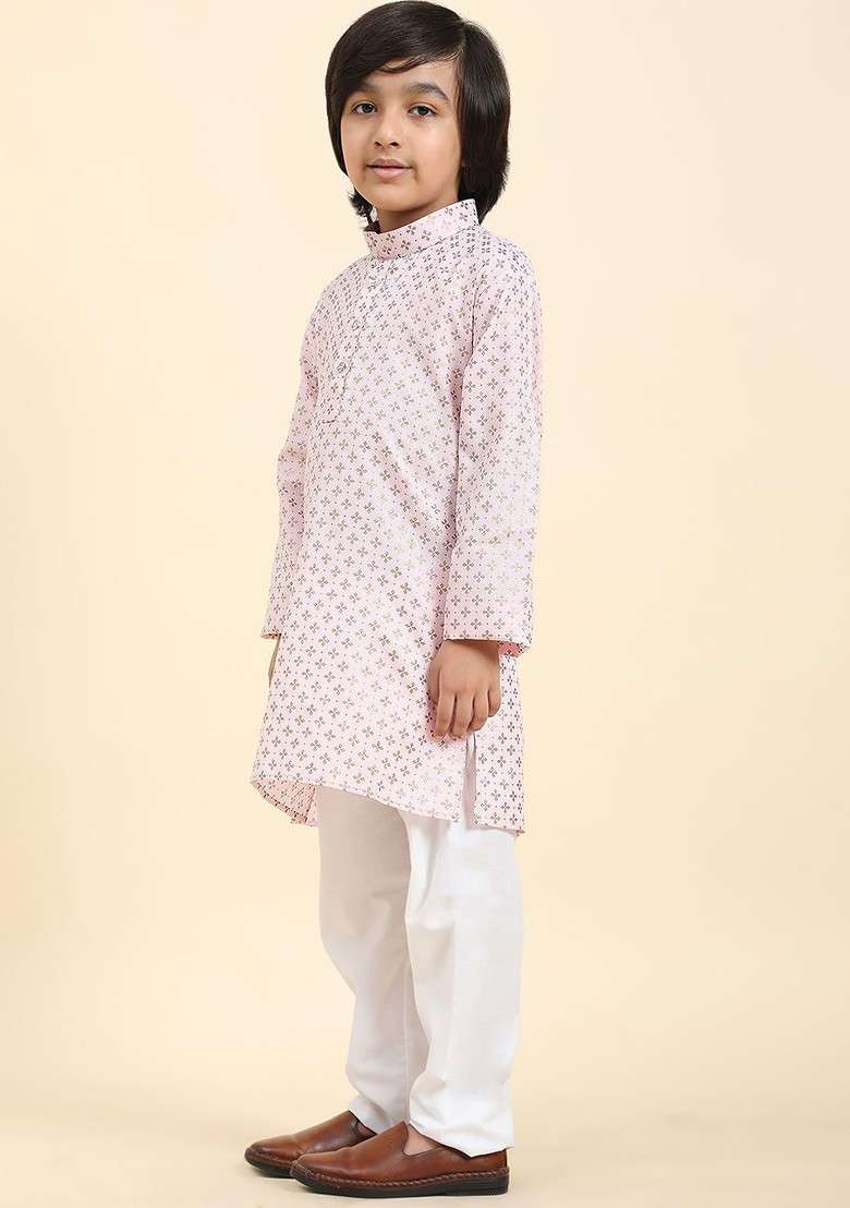 Pink Printed Blended Kurta Set For Boys - Indya