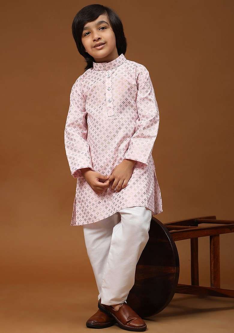 Pink Printed Blended Kurta Set For Boys - Indya