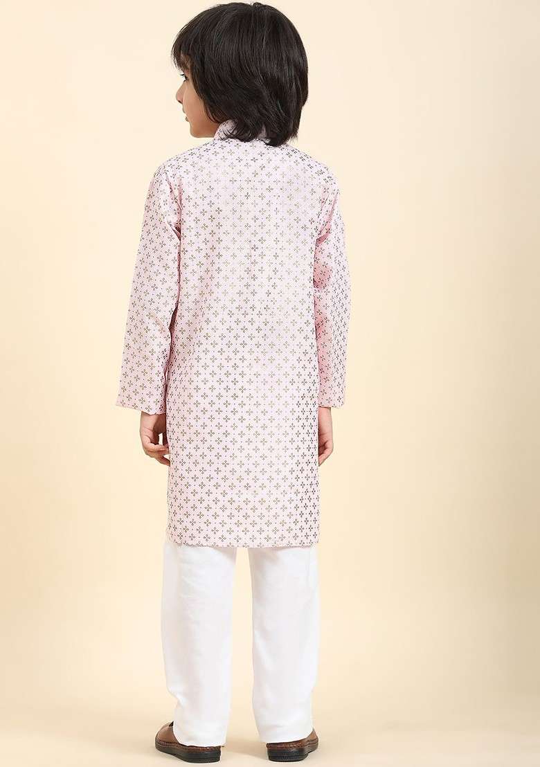 Pink Printed Blended Kurta Set For Boys - Indya