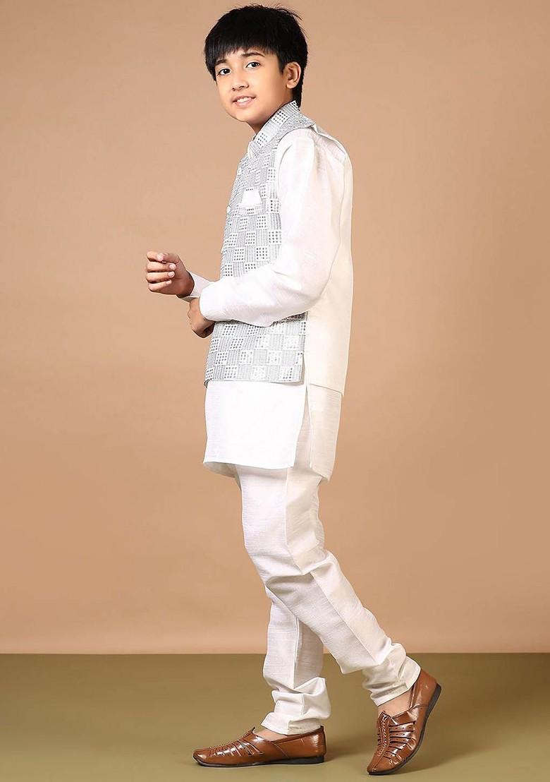 White Embroidered Cotton Nehru Jacket Set For Boys - Indya